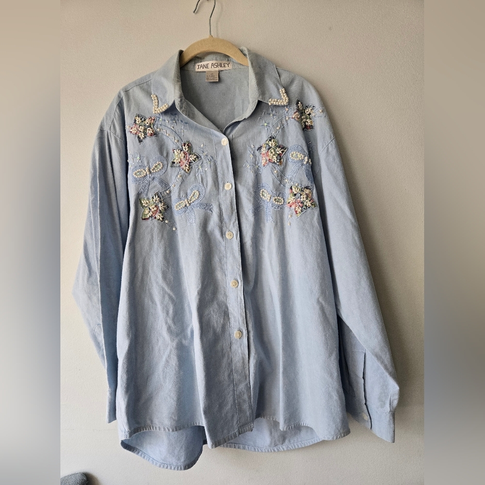 Vintage Jane ASHLEY Floral Blouse Embroidered Faux Pearls Large